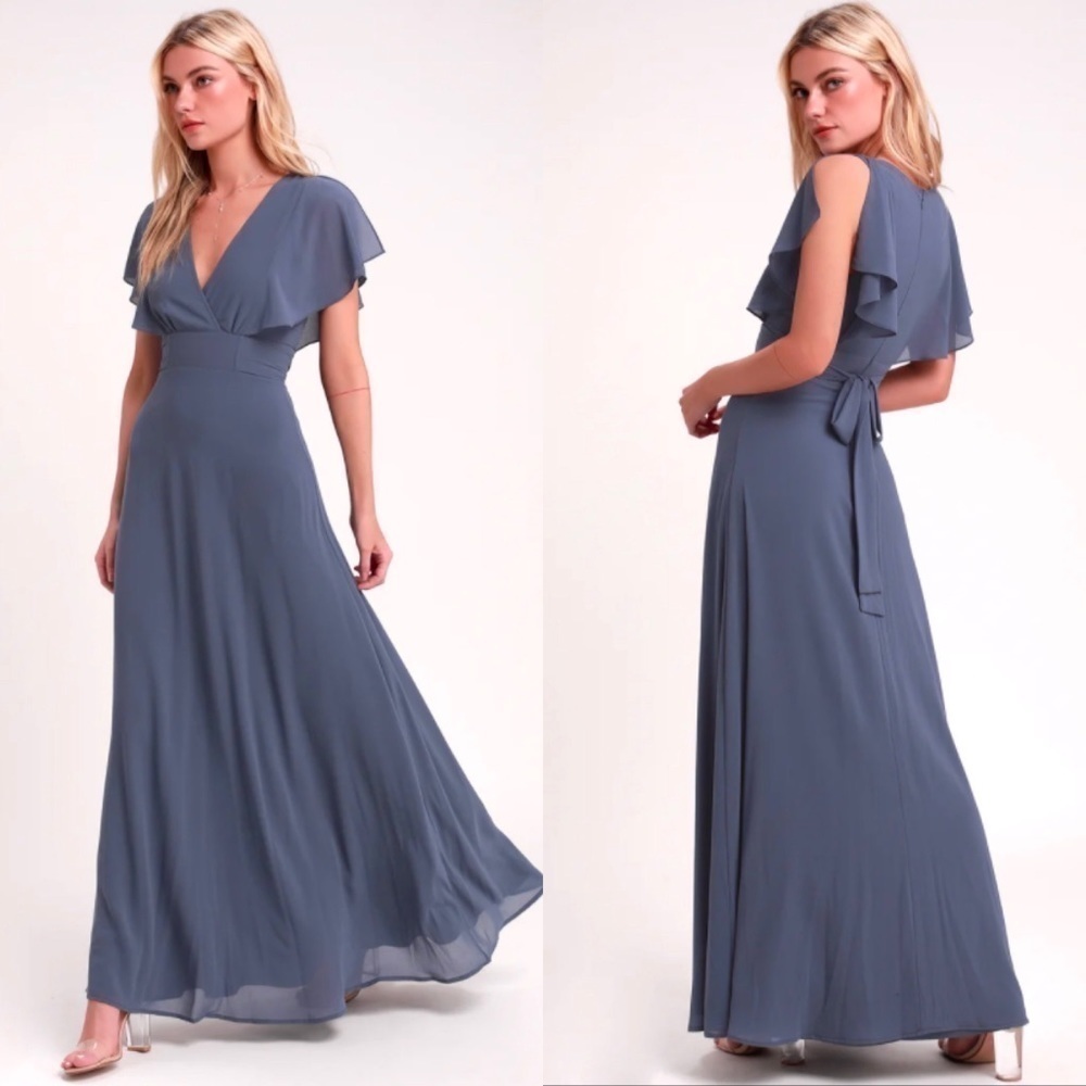 NEW Lulu's Blue Flutter Sleeve Maxi Dress Gown